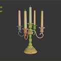 Golden Candelabra With Five Ivory Candles And Ornate Brass Design