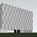 Modern Geometric Office Building Exterior Design With Glass Windows And Surrounding Trees Pedestrians Under Sunny Sky