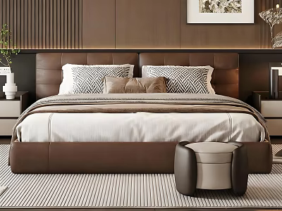 Double Bed Featuring Brown Leather Headboard Striped Bedspread Decorative Pillows Bedside Tables And Striped Rug 3d model