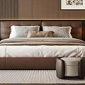Double Bed Featuring Brown Leather Headboard Striped Bedspread Decorative Pillows Bedside Tables And Striped Rug