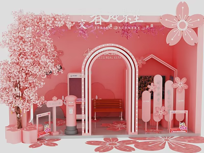 Pink Cherry Blossom Photo Spot With Archway Bench And Flower Decorations 3d model