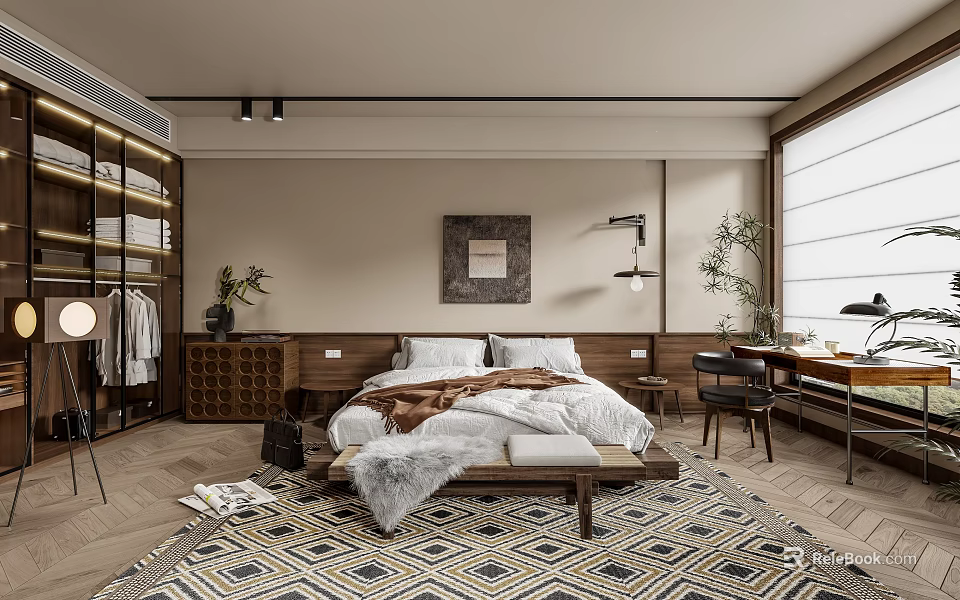 Modern Bedroom Interior With Wooden Bed Geometric Rug Decorative Painting Wall Lamp And Shutter Windows 3d model 
