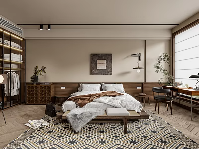 Modern Bedroom Interior With Wooden Bed Geometric Rug Decorative Painting Wall Lamp And Shutter Windows 3d model