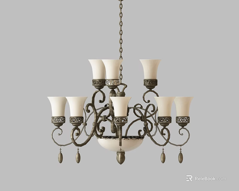 Classic Design Chandelier Featuring Multiple White Lampshades And Curved Iron Frame With Decorative Pendants 3d model 