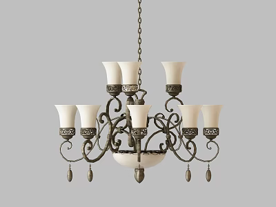 Classic Design Chandelier Featuring Multiple White Lampshades And Curved Iron Frame With Decorative Pendants 3d model