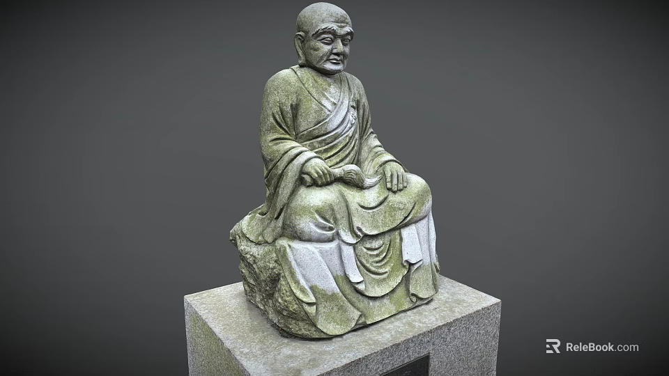 Detailed Traditional Stone Carved Buddhist Monk Sitting Statue On Square Pedestal 3d model 