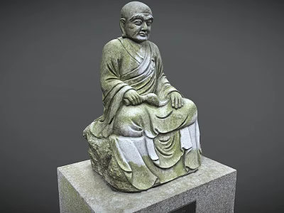 Detailed Traditional Stone Carved Buddhist Monk Sitting Statue On Square Pedestal 3d model