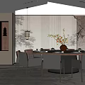 Chinese Style Private Dining Room Featuring Round Table Chairs Decorative Paintings Flower Vase and Lighting