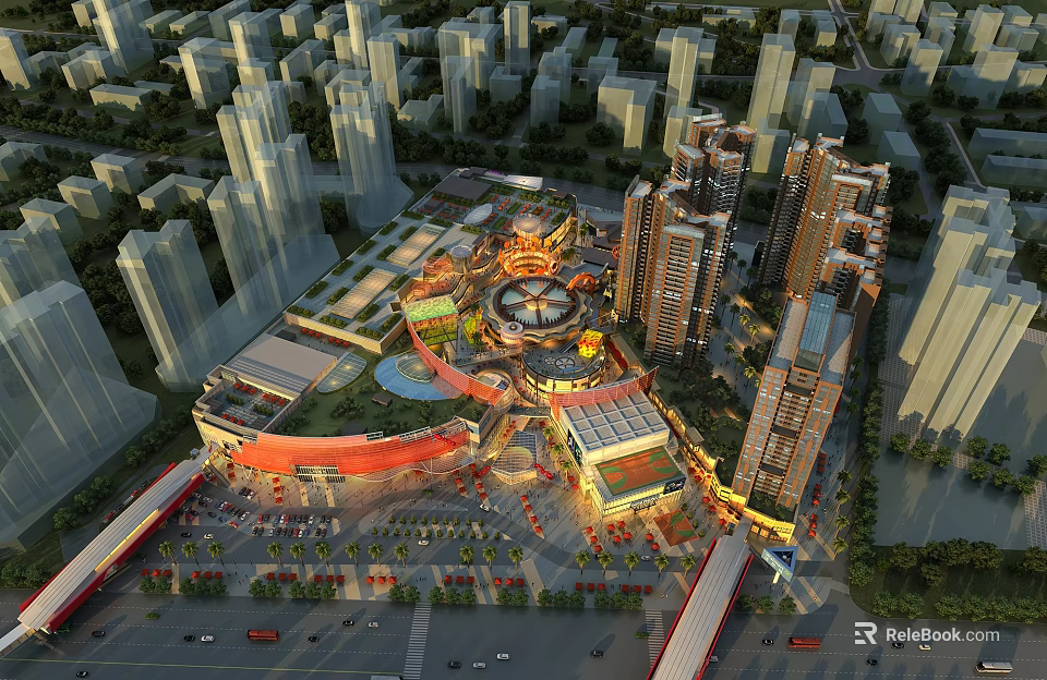 Modern Residential Buildings with Commercial Area High-rise Structures Urban Landscape Lighting and Plaza 3d model 