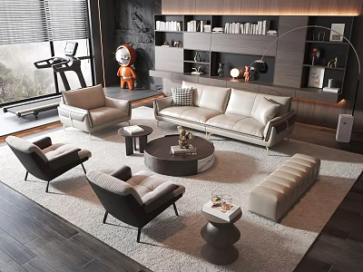 Modern Living Room Beige Sofa And Round Coffee Table With Armchairs Ottoman Rug And Bookshelf 3d model