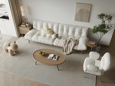 Modern Tufted Sofa and Coffee Table Set with Round Wooden Table Armchair and Potted Plant 3d model