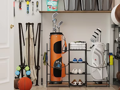 Functional Garage Storage Shelf With Golf Bags Shoes Basketball Umbrellas And Tools 3d model