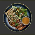 Sliced Grilled Chicken With Fresh Vegetable Salad And Orange Sauce On Blue Plate