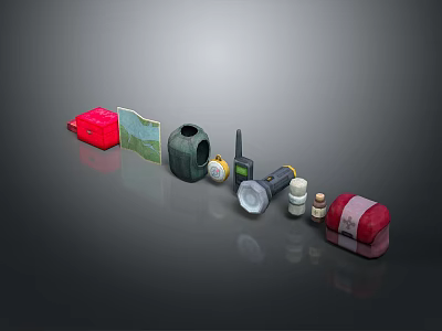 Essential Outdoor Gear Collection With Map Water Bottle Compass Flashlight And First Aid Kit 3d model