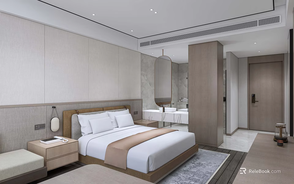 Modern Hotel Room Interior Design With King Bed Nightstand And Bathroom Area 3d model 