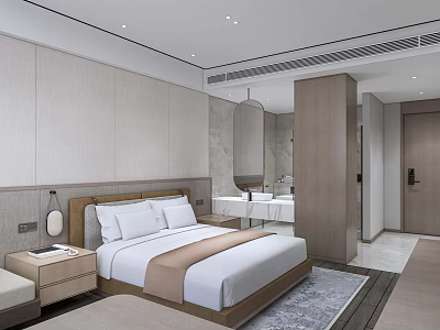 Modern Hotel Room Interior Design With King Bed Nightstand And Bathroom Area 3d model