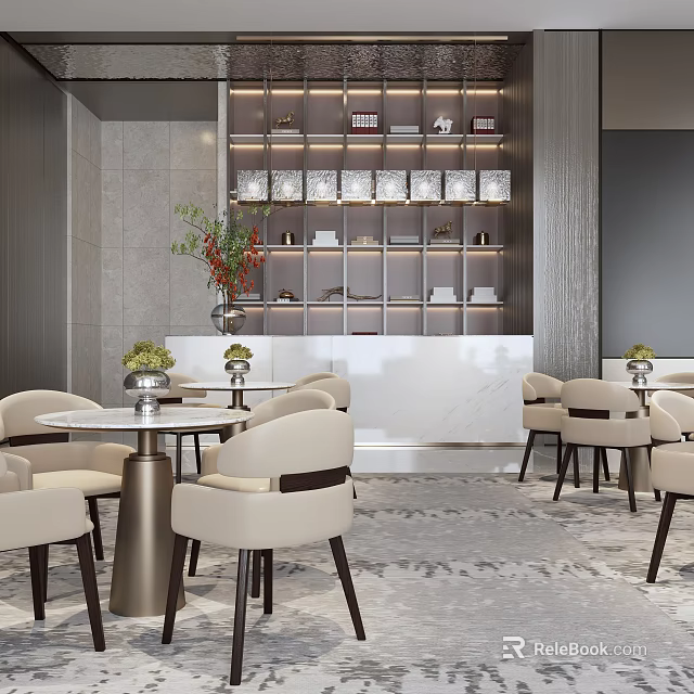 Elegant Modern Sales Office With Marble Bar Counter Round Dining Tables Green Plants And Bookshelves 3d model 