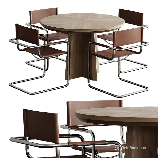 Modern Round Wooden Dining Table Set with Brown Metal Frame Chairs 3d model