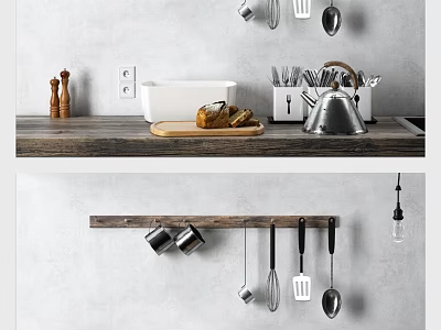 Rustic Kitchen With Hanging Utensils Bread On Cutting Board Spice Shakers And Kettle 3d model