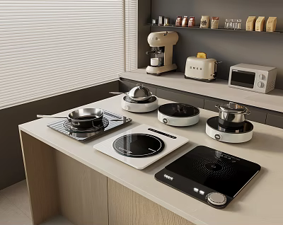 Modern Kitchen Countertop With Induction Cooktops Pots Coffee Maker Toaster And Microwave 3d model