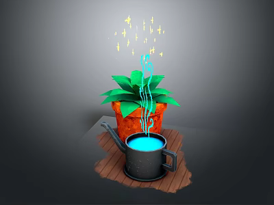 Vibrant Green Leafy Plant in Orange Pot With Black Watering Can Blue Liquid And Sparkles 3d model