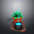 Vibrant Green Leafy Plant in Orange Pot With Black Watering Can Blue Liquid And Sparkles