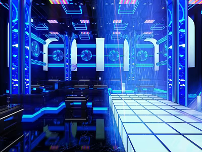 Futuristic Bar with Blue Lighting Dance Floor Bar Counter Mirrored Flooring and Arched Decorations 3d model