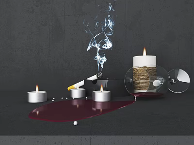 Candle Lamp Featuring Burning Candles Smoke Jute Wrapped Glass Red Wine Spill on Gray Background 3d model