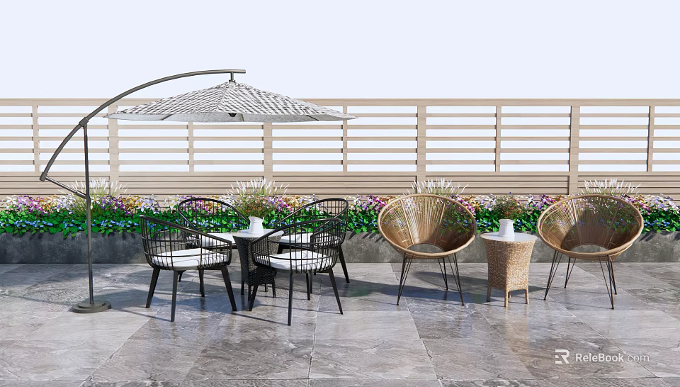 Outdoor Patio Table And Chair Set With Umbrella Rattan Chairs Potted Plants Stone Floor 3d model 
