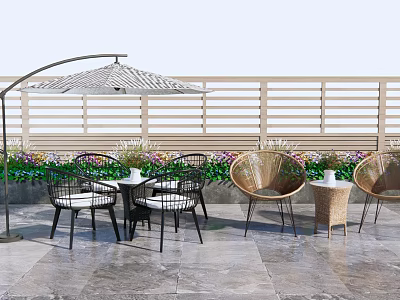 Outdoor Patio Table And Chair Set With Umbrella Rattan Chairs Potted Plants Stone Floor 3d model