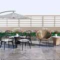Outdoor Patio Table And Chair Set With Umbrella Rattan Chairs Potted Plants Stone Floor