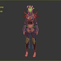 3D Fantasy Female Character With Horns And Decorative Blue And Red Outfit Design