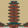 Traditional Chinese Multi story Pagoda Architectural Design With Green Roof And Surrounding Buildings