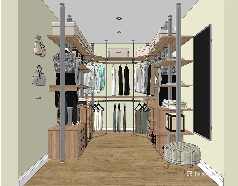 Walk in Closet Interior Design With Wooden Shelves Drawers Hanging Rods Clothes And Bags 3d model 