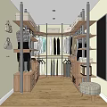 Walk in Closet Interior Design With Wooden Shelves Drawers Hanging Rods Clothes And Bags