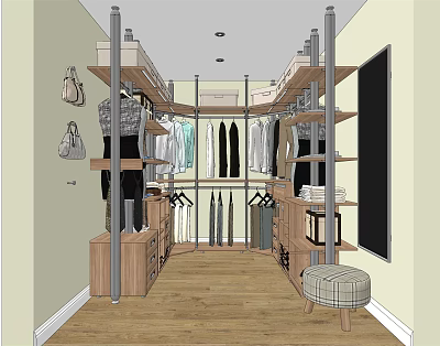 Walk in Closet Interior Design With Wooden Shelves Drawers Hanging Rods Clothes And Bags 3d model