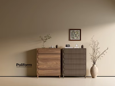 Stylish Wooden Entryway Cabinet And Side Cabinet With Vase Branches And Wall Art 3d model