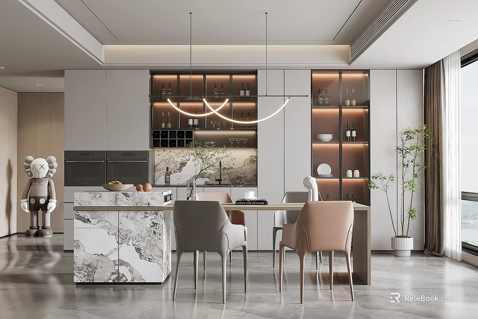 Elegant Modern Restaurant Interior With Marble Island Dining Table Chairs Hanging Lights And Cabinets 3d model 