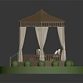 Wooden Garden Gazebo With Seats On Green Lawn And Surrounding Bushes