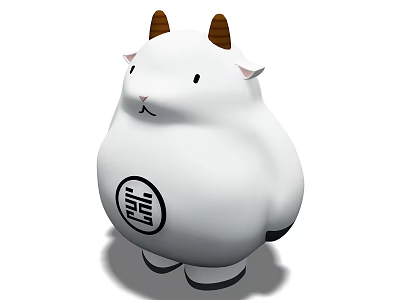 Chubby White Sheep Game Character With Brown Horns And Chinese Xi Symbol 3d model