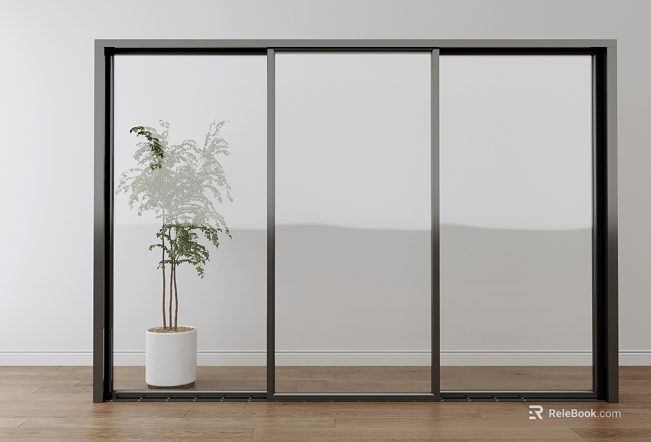 Modern Glass Sliding Door with Black Frame Green Plant White Pot Wooden Floor 3d model 