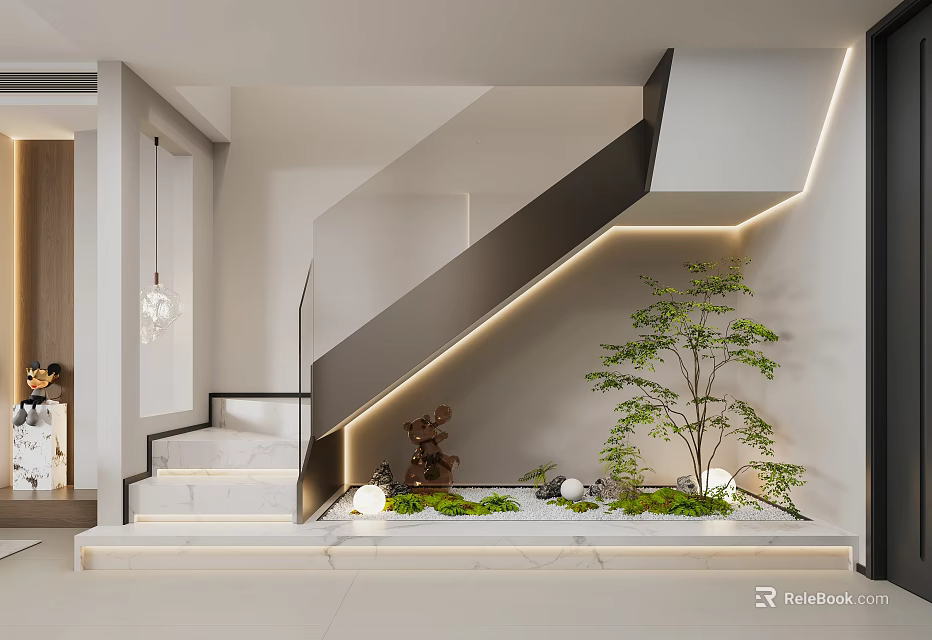 Modern Living Room Interior Design With Staircase Green Plant And Ambient Lighting 3d model 