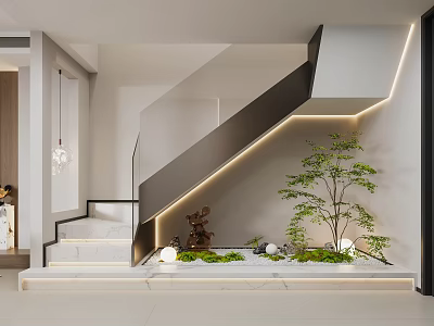 Modern Living Room Interior Design With Staircase Green Plant And Ambient Lighting 3d model