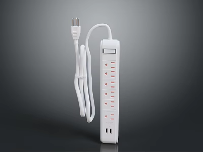 White Power Strip With Multiple Outlets And Long Power Cord 3d model