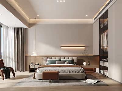 Modern Bedroom Interior Design With Bedside Tables Pendant Lamp And Floor to Ceiling Windows 3d model