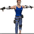 Game And Movie Character Wearing Blue Tank Top White Wrist Wraps Black Knee Pads Belt
