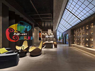 Modern Reception Area Interior Design With Stylish Desk Comfortable Seats And Decorative Lighting 3d model