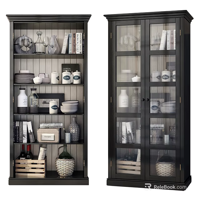Display Cabinets with Glass Doors Multiple Shelves Filled with Books Dishes Decorative Bottles and Baskets 3d model 