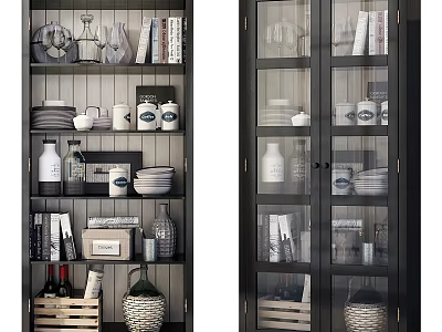 Display Cabinets with Glass Doors Multiple Shelves Filled with Books Dishes Decorative Bottles and Baskets 3d model