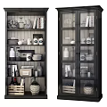 Display Cabinets with Glass Doors Multiple Shelves Filled with Books Dishes Decorative Bottles and Baskets